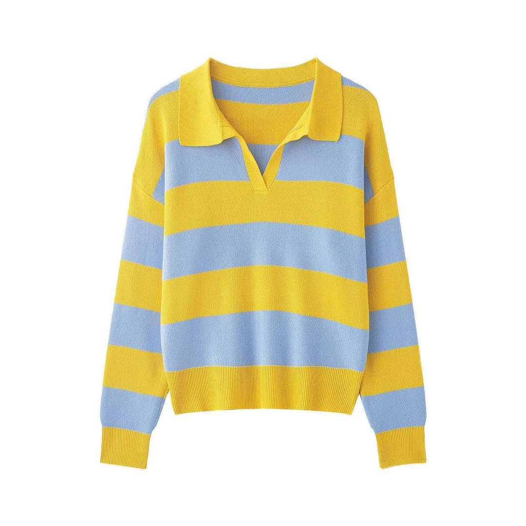 Women's striped rugby pullover with polo collar, V-neck and extended ribbed cuffs Mune Fashion
