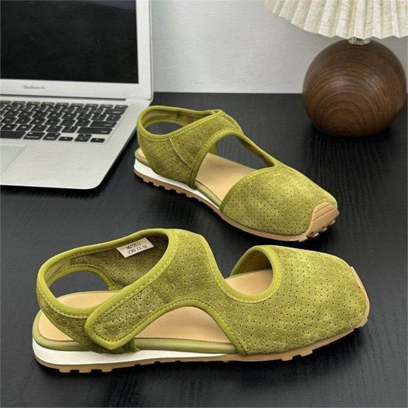 Ladies Perforated Suede Sandals with Closed Toe Cap, Velcro Fastener and Ergonomic Profile Sole Mune Fashion