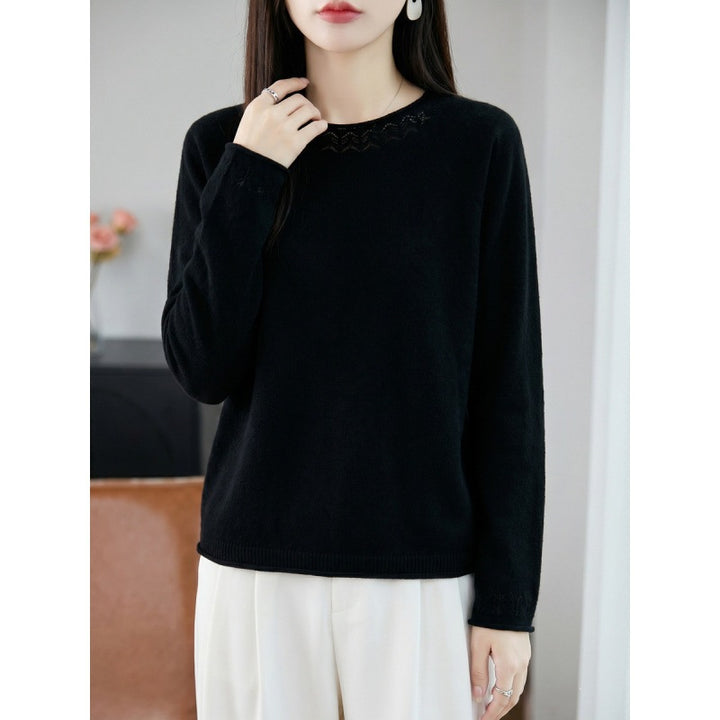 Women Lightweight Fine Knit Round Neck Sweater with Openwork Detail and Casual Silhouette Mune Fashion