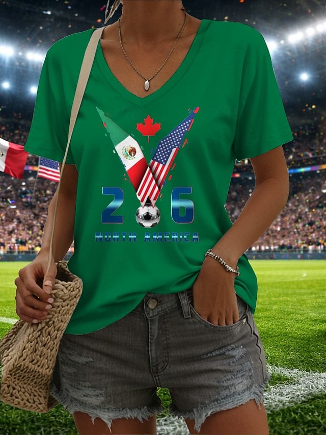 Women’s V-neck Retro Print T-shirt with Eagle Emblem and vintage-inspired Graphic Mune Fashion