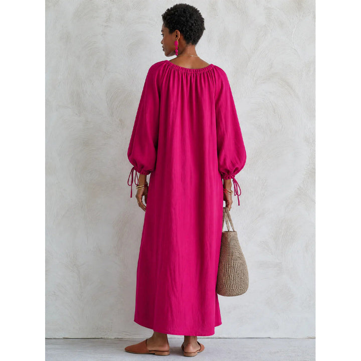 Women's Airy Linen Look Maxi Dress with Drawstring Collar, Balloon Sleeves and Pockets Mune Fashion