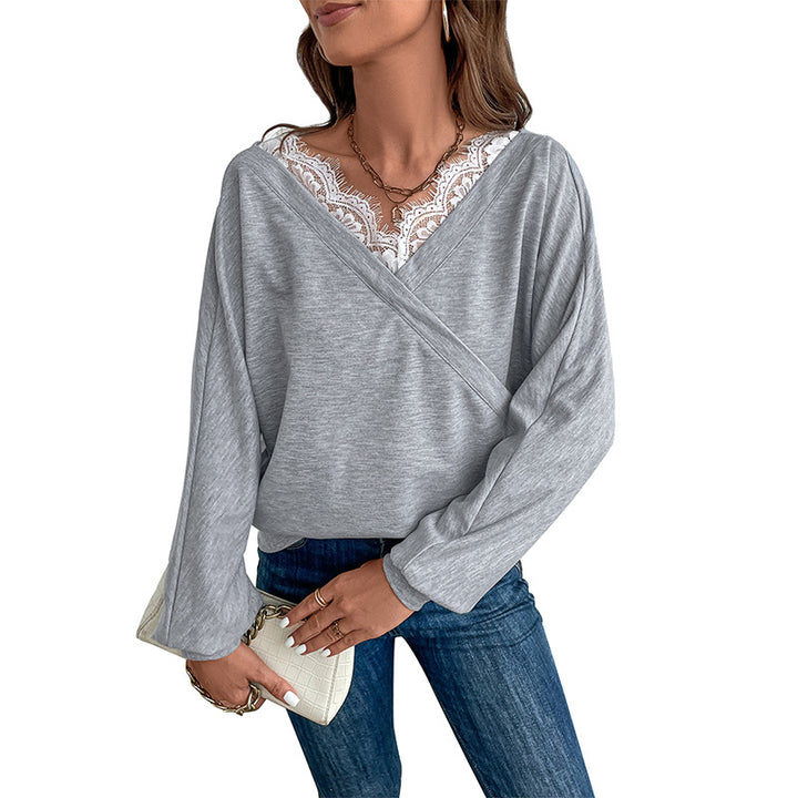 Women's Casual Oversized Sweatshirt with Wrap Look and Lace Insert Mune Fashion