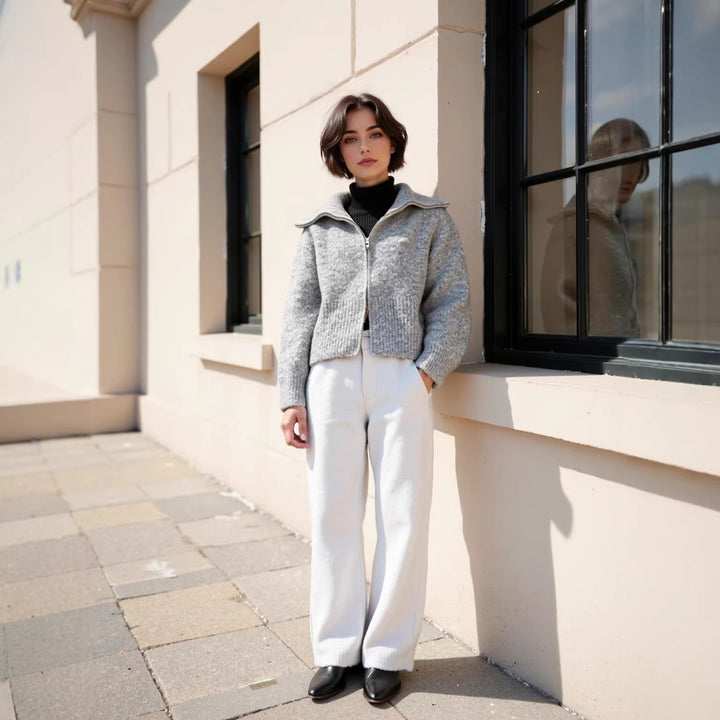 Women's short zippered cardigan with stand-up collar and ribbed hem Mune Fashion