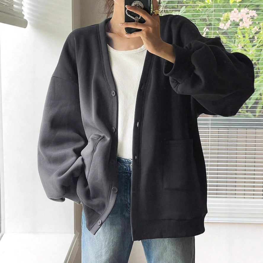 Women's Oversized Sweat Cardigan with Button Placket, Patches Pockets and Dropped Shoulder Drune