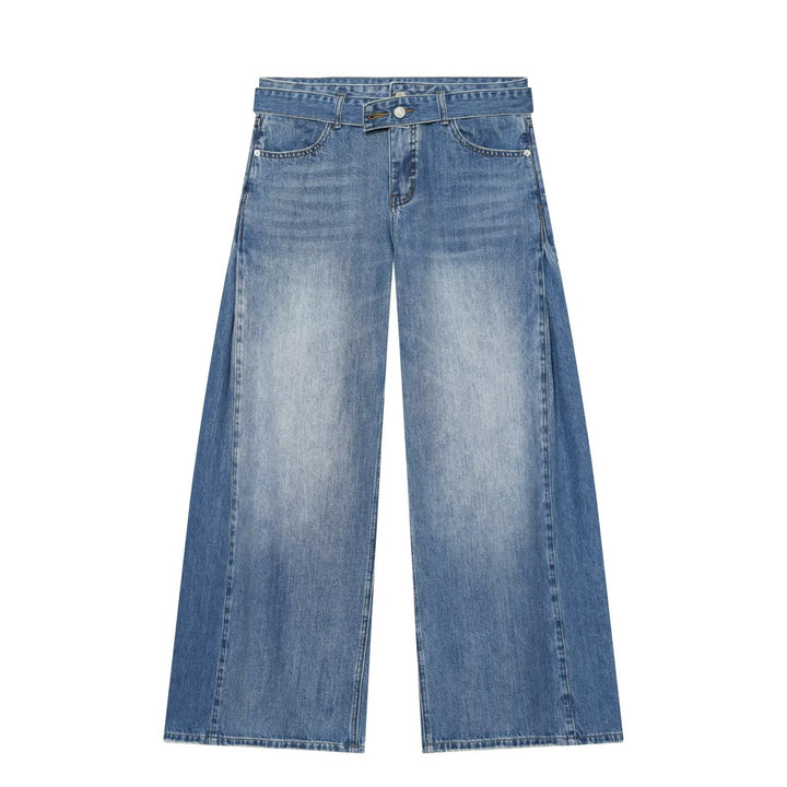 Women's Wide High-Waist Jeans with Decorative Belt and Side Insert Stripes Mune Fashion