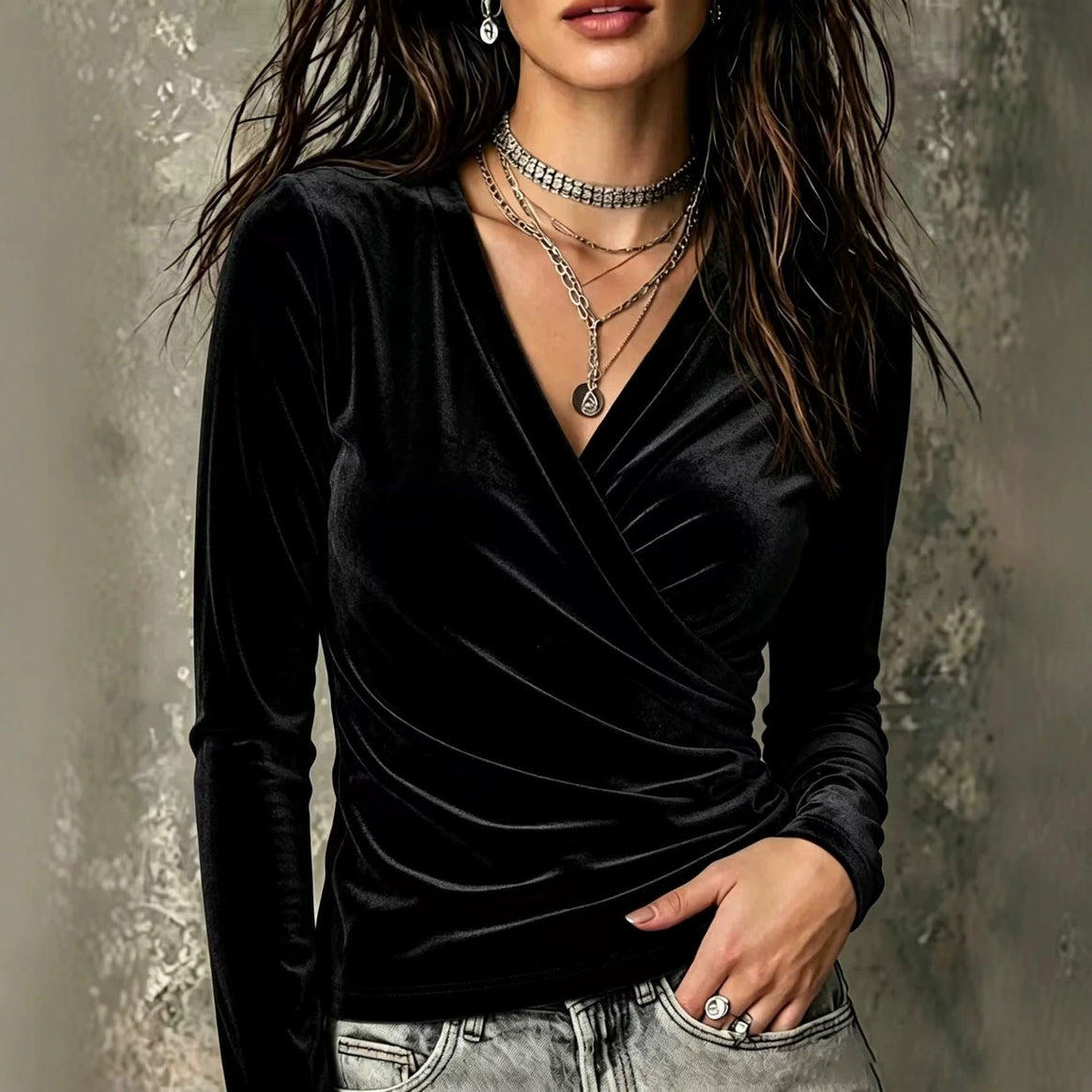Women's Velvet Wrap Shirt with Fitted Draping Mune Fashion