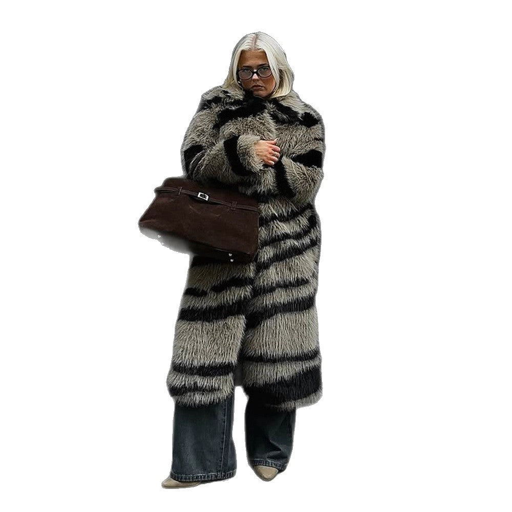 Women Oversize Faux Fur Coat with Striped Maxi Cut Mune Fashion