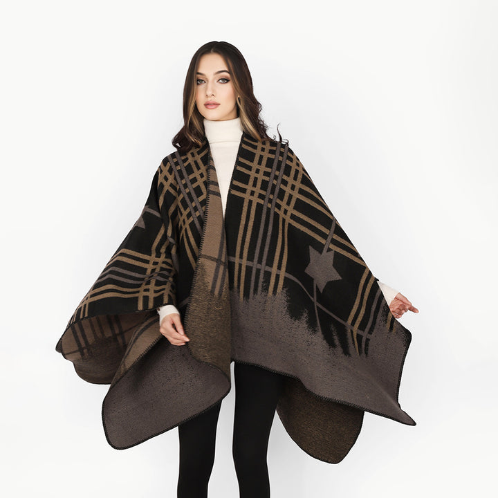 Women's Oversize Cape Poncho made of wool mix with star and check jacquard and softly falling drape