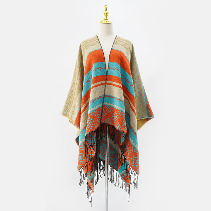 Women's Structured Web Cape in Ethno-Jacquard with Fringe Hem Mune Fashion