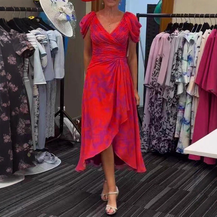 Women's wrap midi dress with ruched bodice, puff sleeves, and asymmetric waterfall hem Mune Fashion