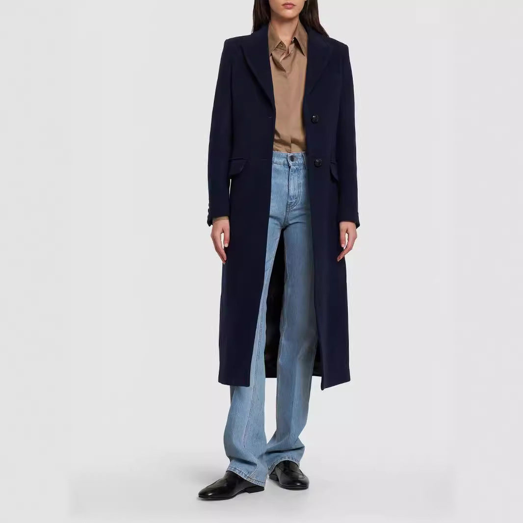 Women's Midi Length Single-Breasted Tailoring Coat with Narrow Lapels and Flap Pockets Mune Fashion