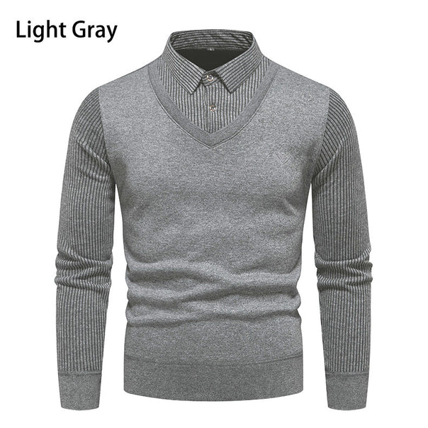 Men's Fitted V-Neck Sweater with Integrated Shirt Collar and Ribbed Sleeves Mune Fashion