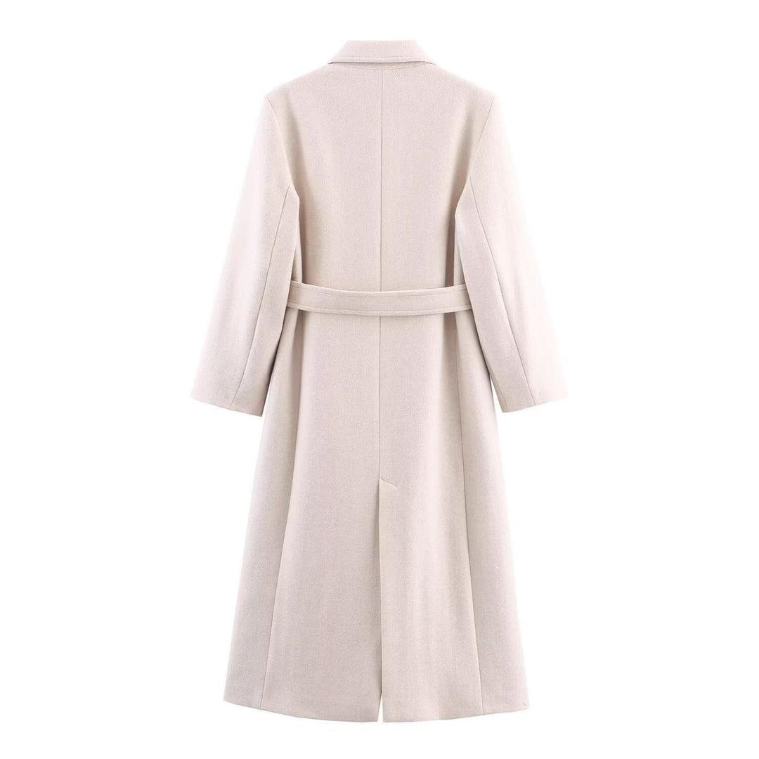 Women Long Tailored Wool Blend Coat with Tie Belt and Lapel Collar Mune Fashion