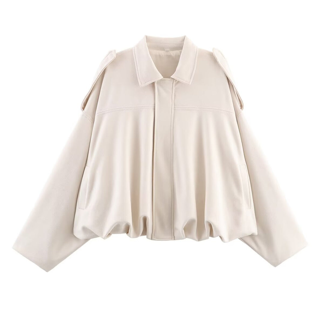 Ladies Oversized Suede Jacket with Shoulder Flaps, Concealed Button Placket and Elastic Hem Mune Fashion