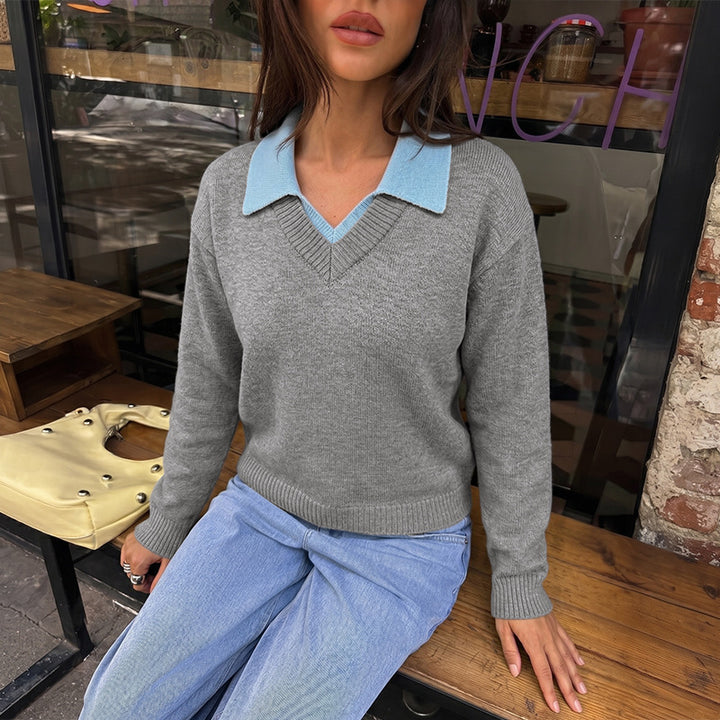 Women's Fashionable V-Neck Sweater with Collar Mune Fashion