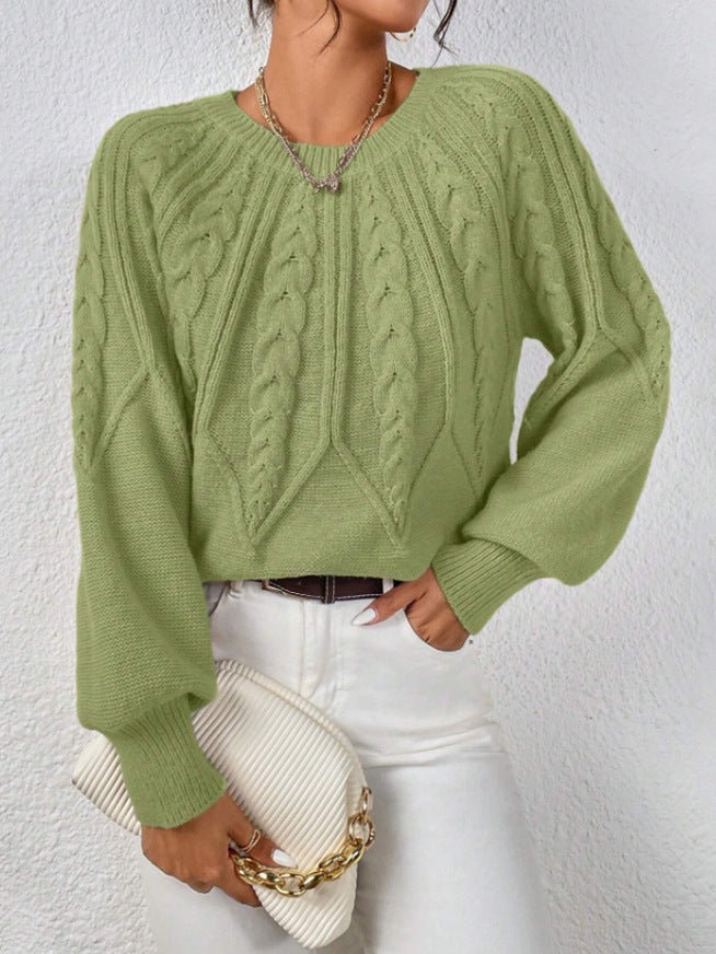 Women's short cable knit sweater with balloon sleeves and ribbed hem Mune Fashion