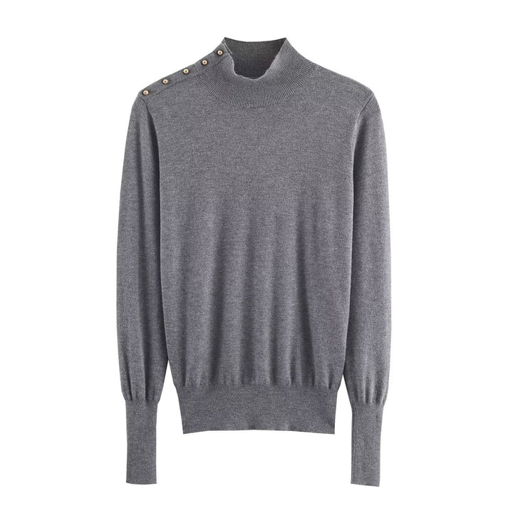 Women's fine knit roll neck with stand-up collar and decorative shoulder button placket Mune Fashion