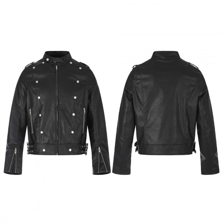 Unisex Short Cut Studded Leather Jacket in Biker Style with Stand-Up Collar, Zipper Sleeves and Waist Strap Mune Fashion