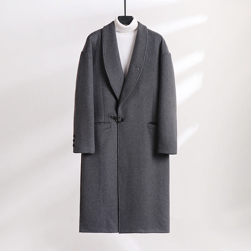 Men's Floor-Length Wool Blend Coat with Wide Shawl Collar and Decorative Toggle Closure Mune Fashion