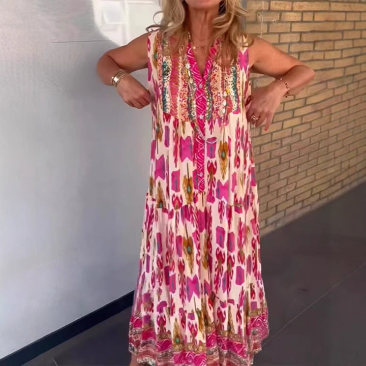 Ladies' flowing maxi dress in boho style with V-neck, tiered skirt and embroidered yoke Mune Fashion