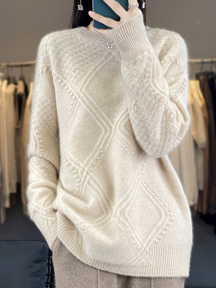 Ladies Cozy Mohair-Look Oversized Sweater with Diamond Structure and Bobble Details Mune Fashion