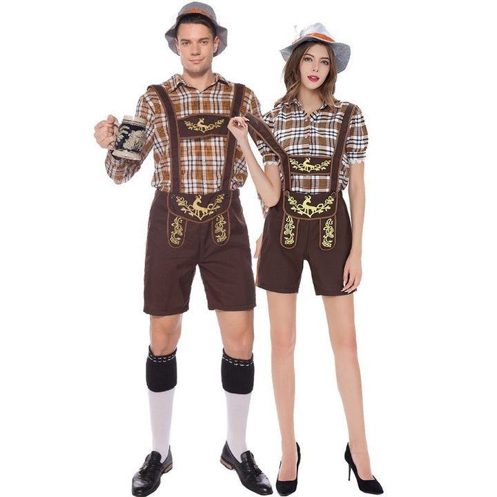 Ladies' Trachten shorts with embroidered bib, adjustable straps, and checked blouse Mune Fashion