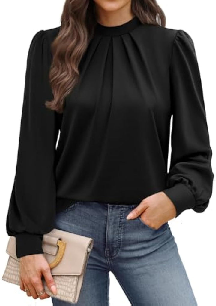 Women's Long Sleeve Satin Blouse with Stand-up Collar, Chest Pleats and Ribbed Cuffs