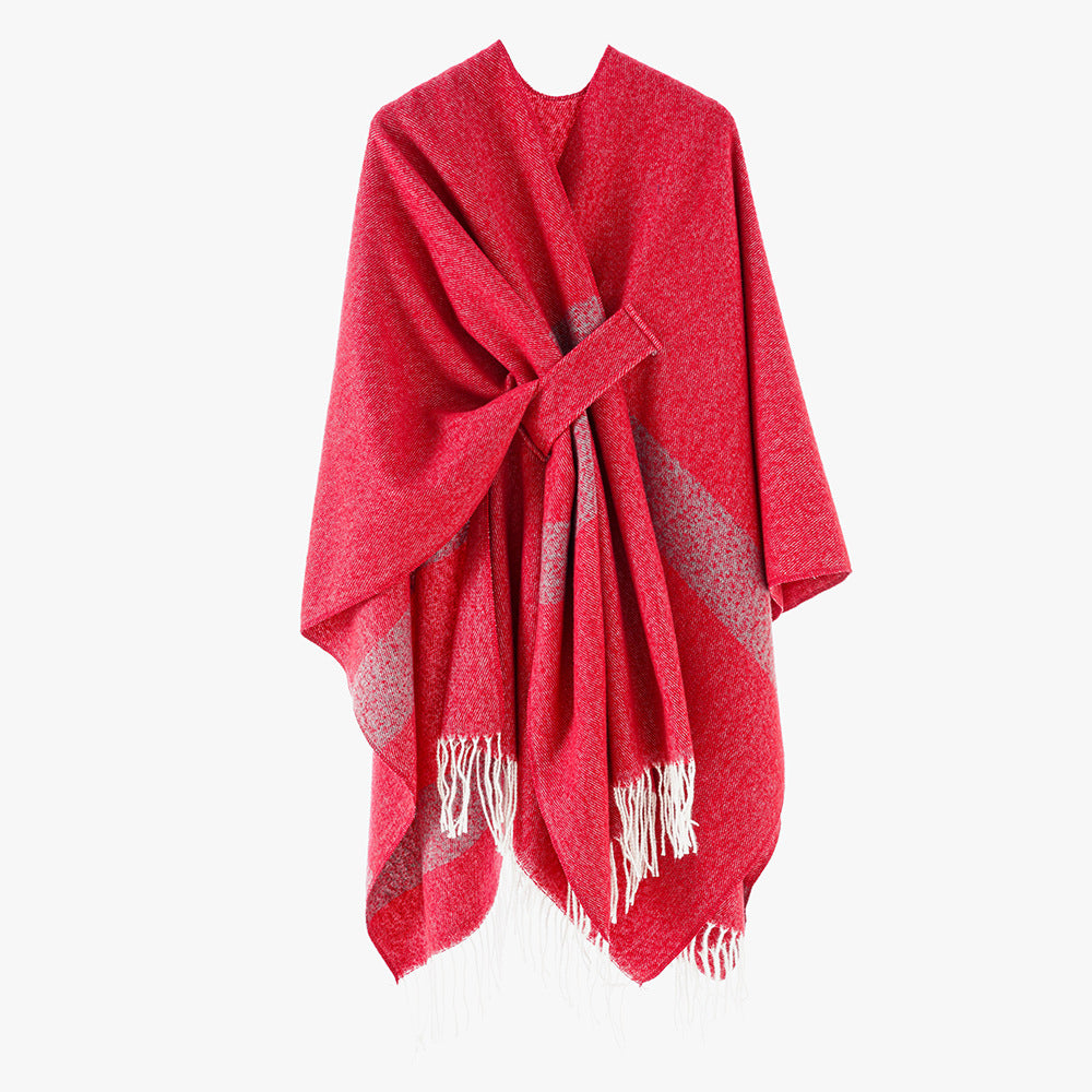 Women Woven Wool Blend Ruana with Diagonal Stripes and Fringes Mune Fashion