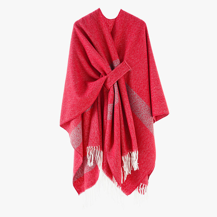 Women Woven Wool Blend Ruana with Diagonal Stripes and Fringes Mune Fashion