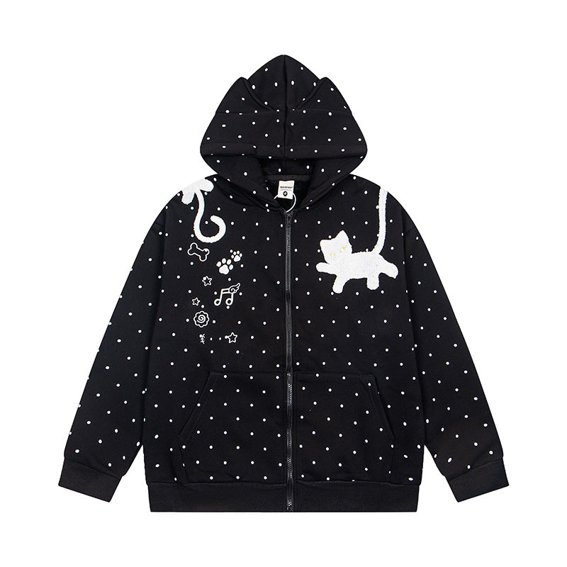 Women's hoodie sweatshirt jacket with cat ears, all-over polka dot and chenille cat applique Mune Fashion