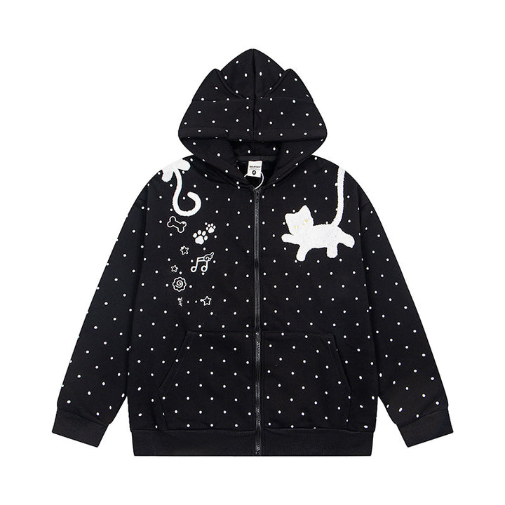 Women's hoodie sweatshirt jacket with cat ears, all-over polka dot and chenille cat applique Mune Fashion