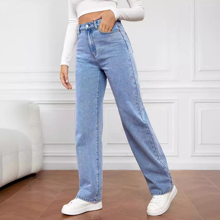 Women's high-waisted wide denim jeans with straight leg and elastic waistband Mune Fashion