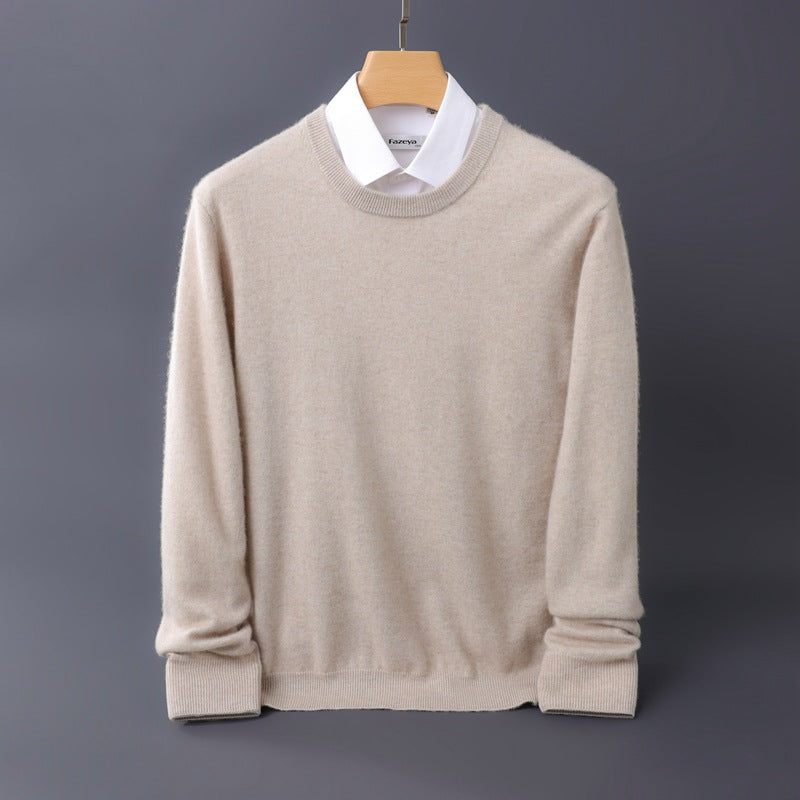 Men's Fine Round Neck Knit Sweater in Cashmere Look with Ribbed Cuffs Mune Fashion