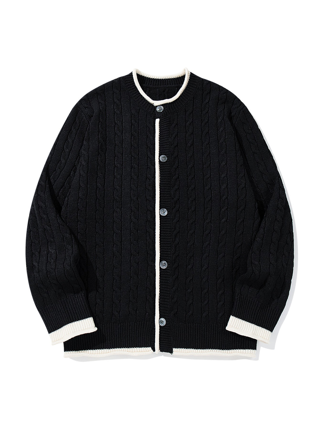 Unisex Cable Knit Cardigan with Round Neck, Contrasting Cuffs and Continuous Button Placket Mune Fashion