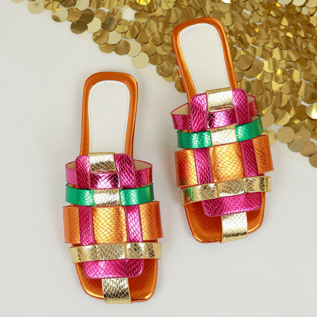 Ladies nan modern Belt Slipper with woven multilayer design and snake embossing Mune Fashion