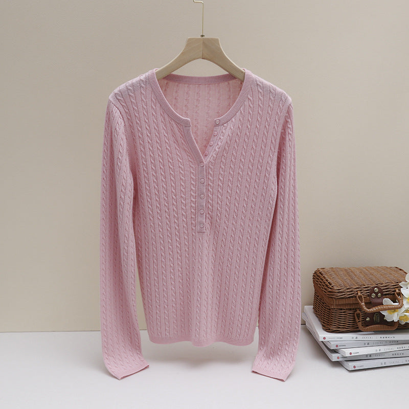 Women's Fine Cable Pattern Henley Fine Knit Shirt with Round Neck & Button Placket Mune Fashion