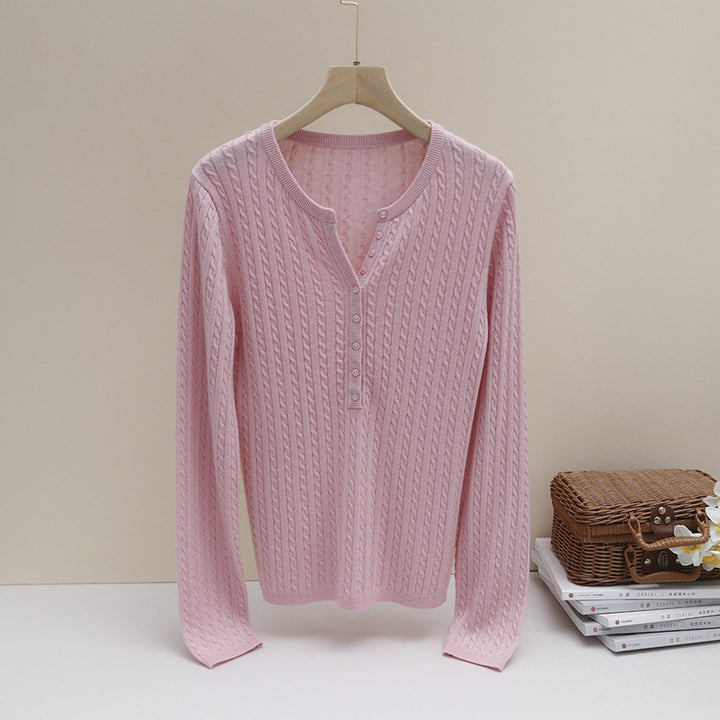 Women's Fine Cable Pattern Henley Fine Knit Shirt with Round Neck & Button Placket Mune Fashion