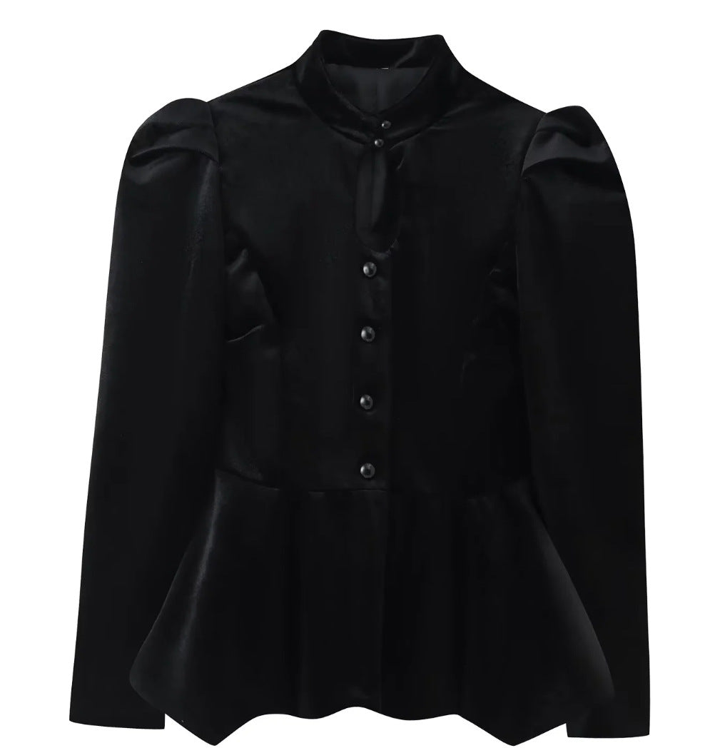 Women's 100+ tailored satin blouse with stand collar, puff sleeves, and peplum Mune Fashion