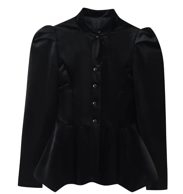Women's 100+ tailored satin blouse with stand collar, puff sleeves, and peplum Mune Fashion