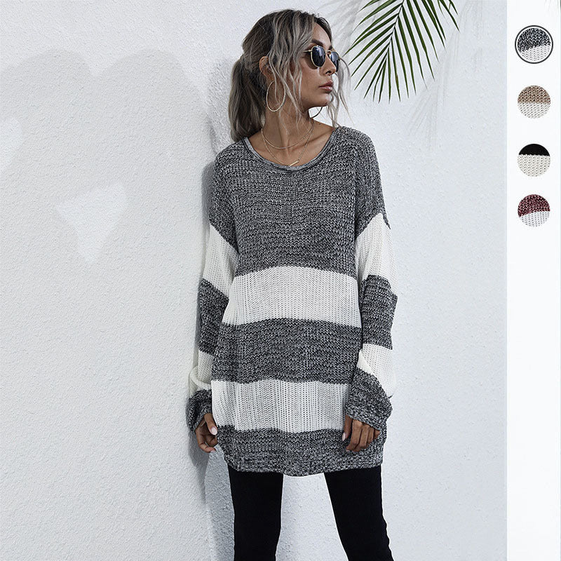 Ladies Oversize Long Sweater with Block Stripes and Round Neckline Mune Fashion