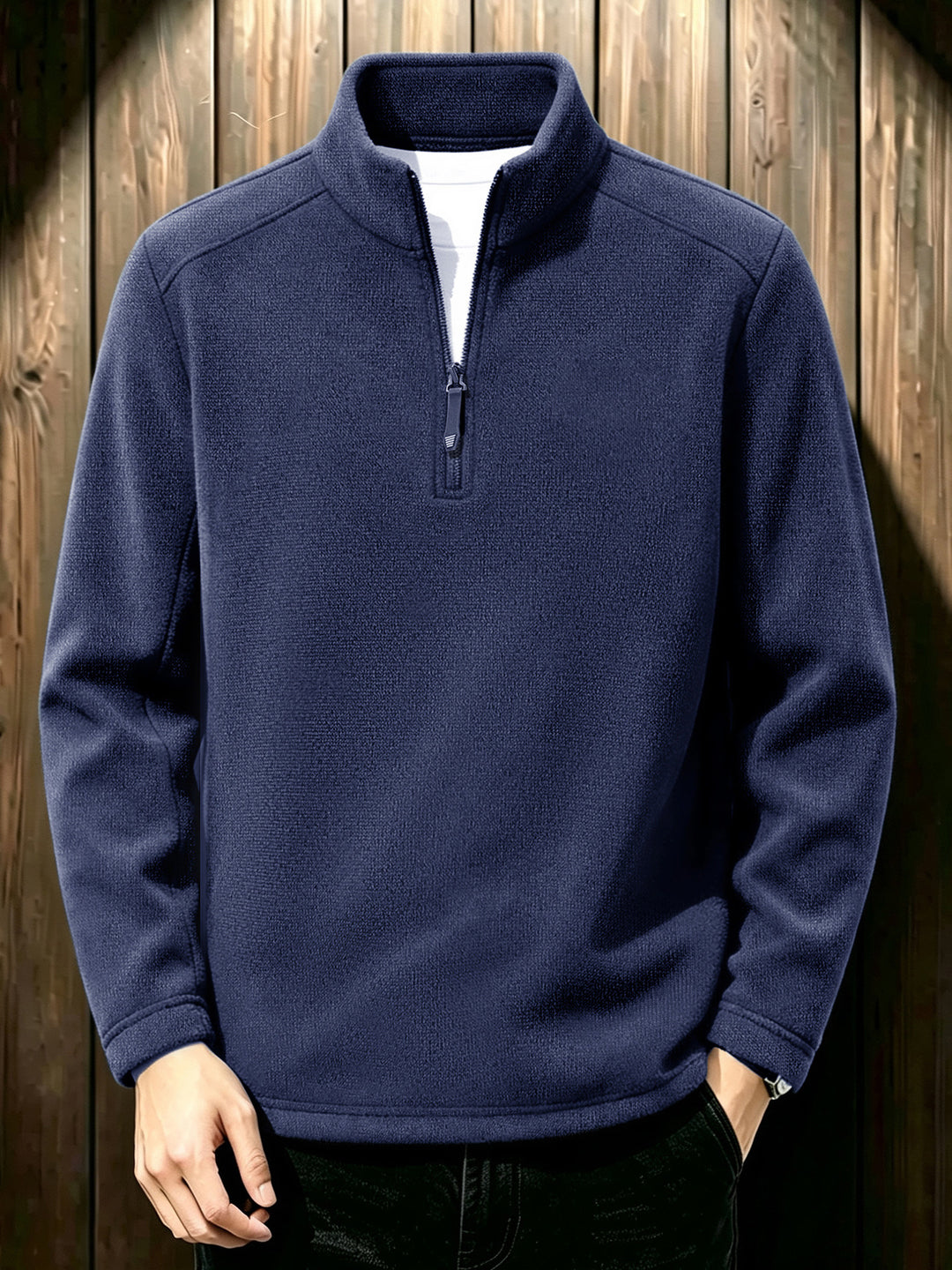 Men's Thermal Knit Fleece Pullover with Half Zip and Stand-up Collar Mune Fashion