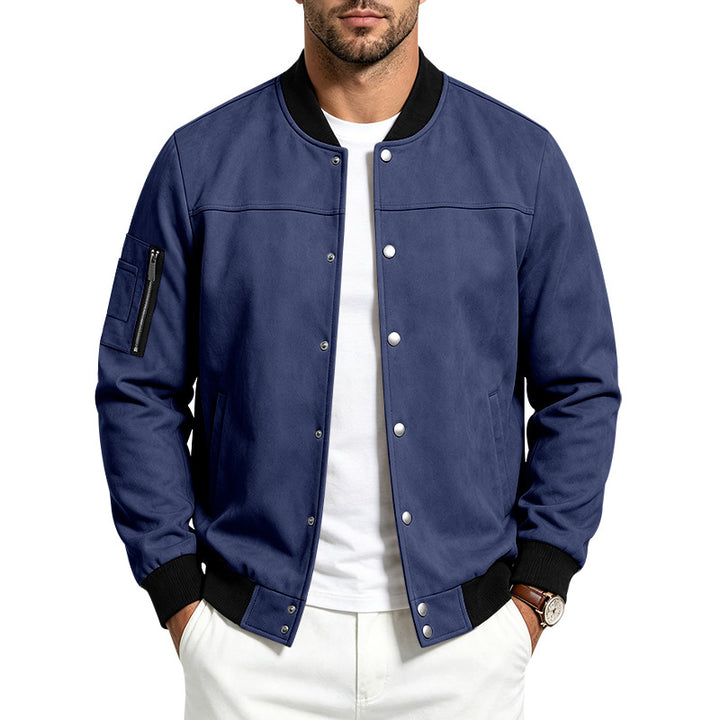 Men's Suede-Look Bomber Jacket with Snap Button Placket, Arm Pocket and Ribbed Cuffs Mune Fashion