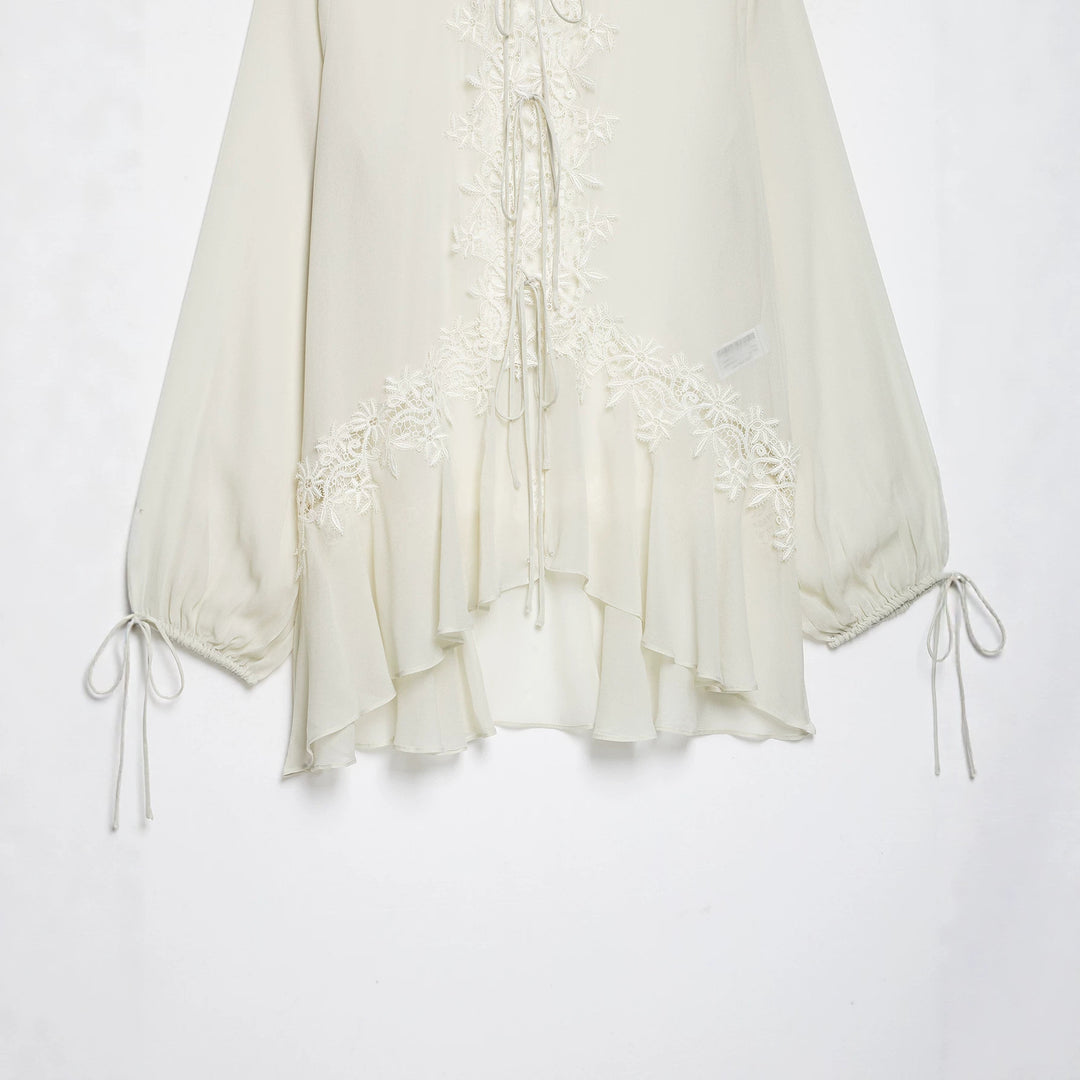 Women Romantic Chiffon Blouse with Lace Application, Ruffle Hem and Ties Mune Fashion