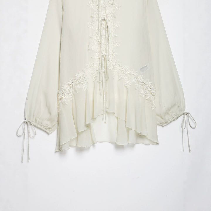 Women Romantic Chiffon Blouse with Lace Application, Ruffle Hem and Ties Mune Fashion