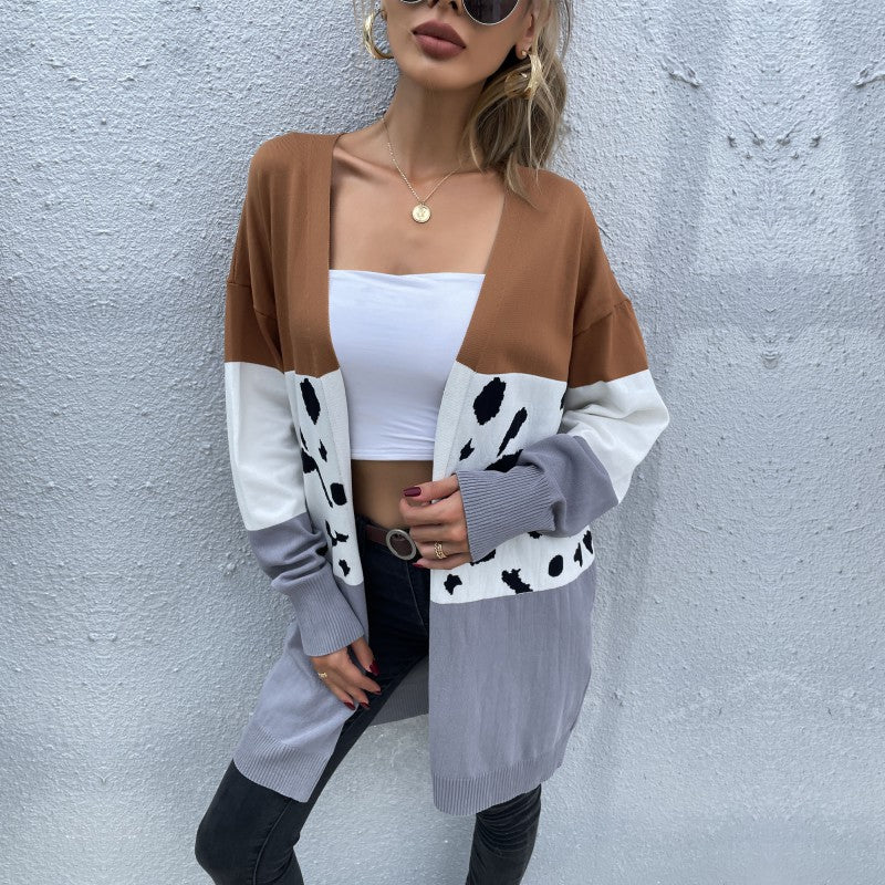 Women's Open Long Cardigan in Block Design with Animal Intarsia and Ribbed Finishes Mune Fashion