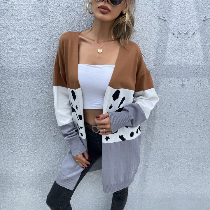 Women's Long Open Cardigan with Colorblock and Dalmatian Jacquard Pattern