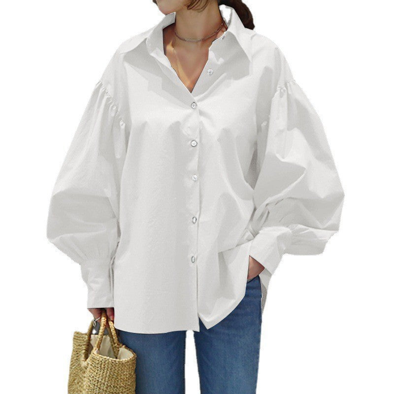 Women's Oversize Blouse with Balloon Sleeves and Shirt Collar Mune Fashion
