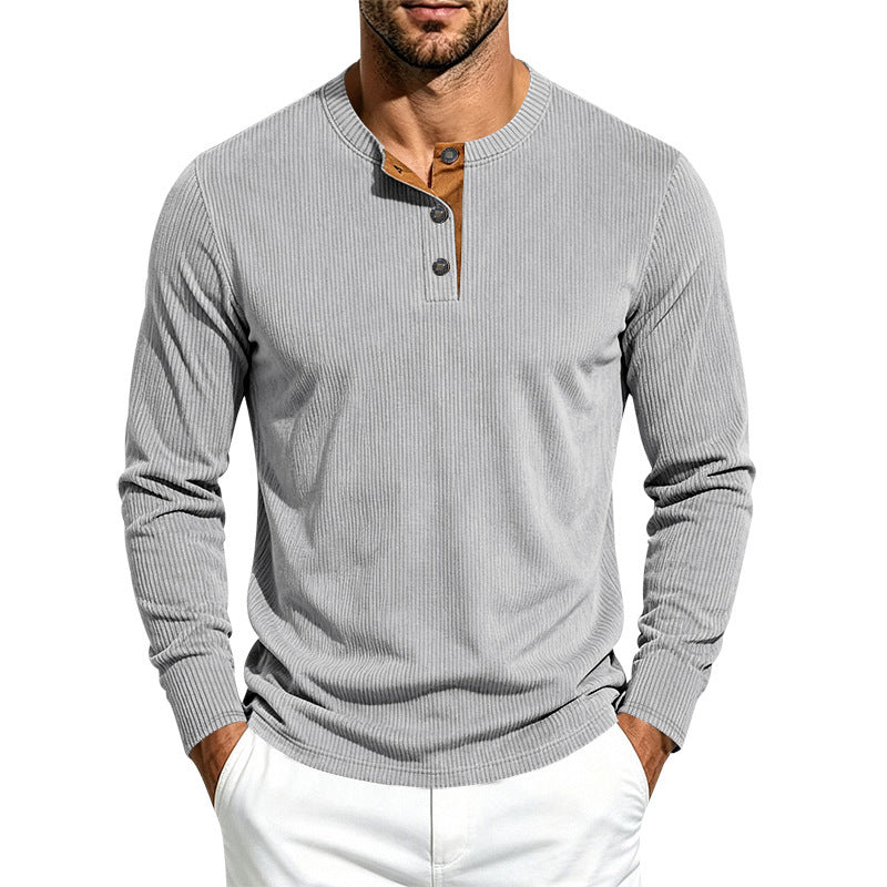 Men's Long Sleeve Ribbed Knit Henley Shirt with Button Placket and Round Neck Collar Mune Fashion