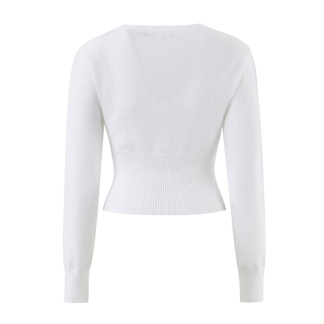 Women Fine Wrap Knitted Top with Fitted Ribbed Hem Mune Fashion