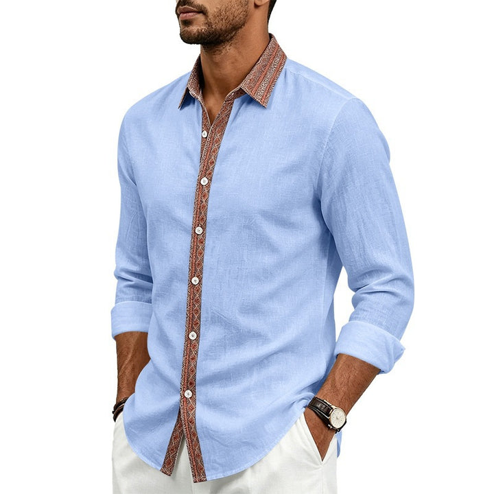 Men's Linen Look Shirt with Contrasted Ethno Trim and Continuous Button Placket Mune Fashion